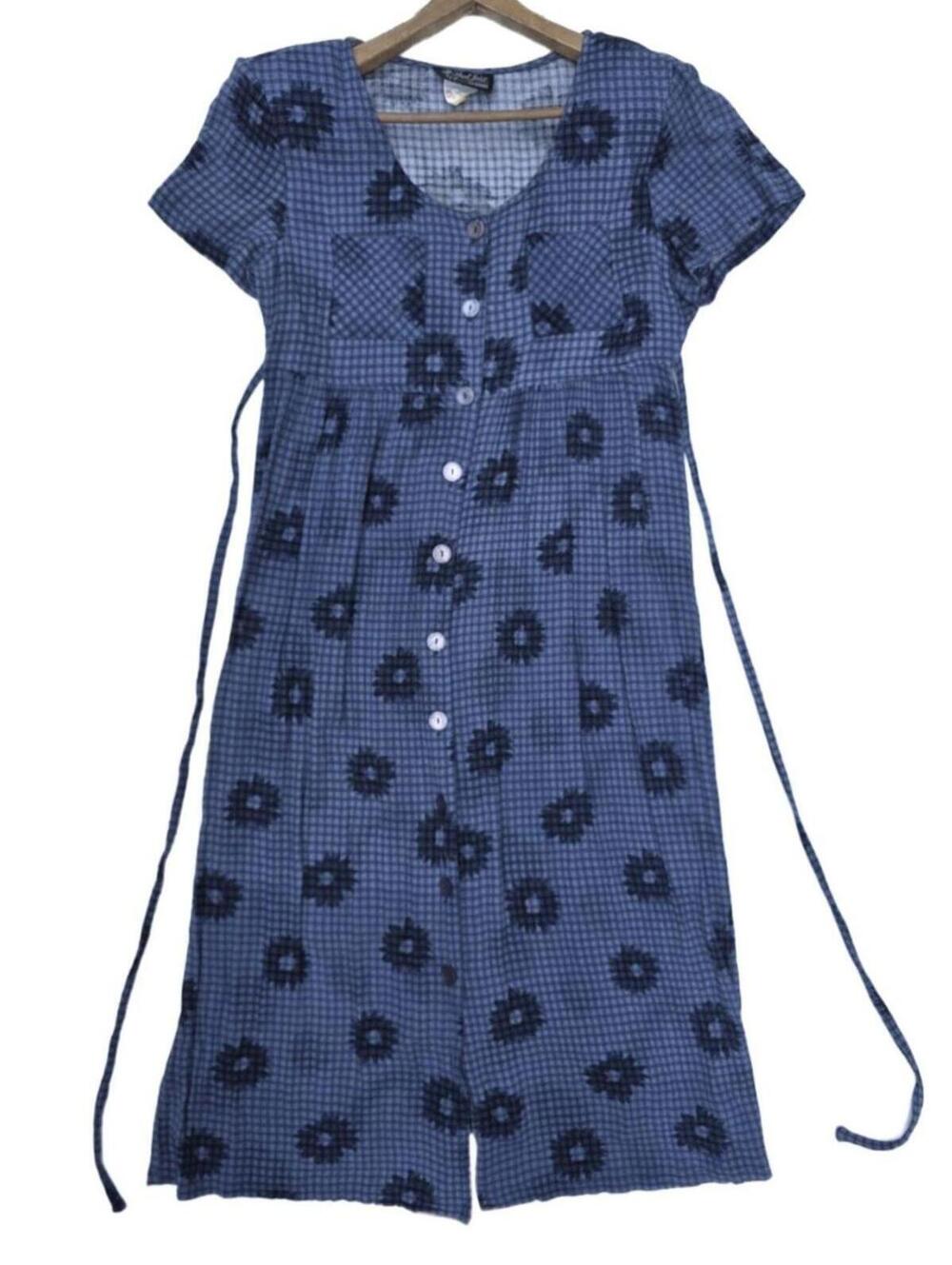 VTG All That Jazz Blue Gingham Floral Rayon Midi Dress l Shoulder Pads Ties sm